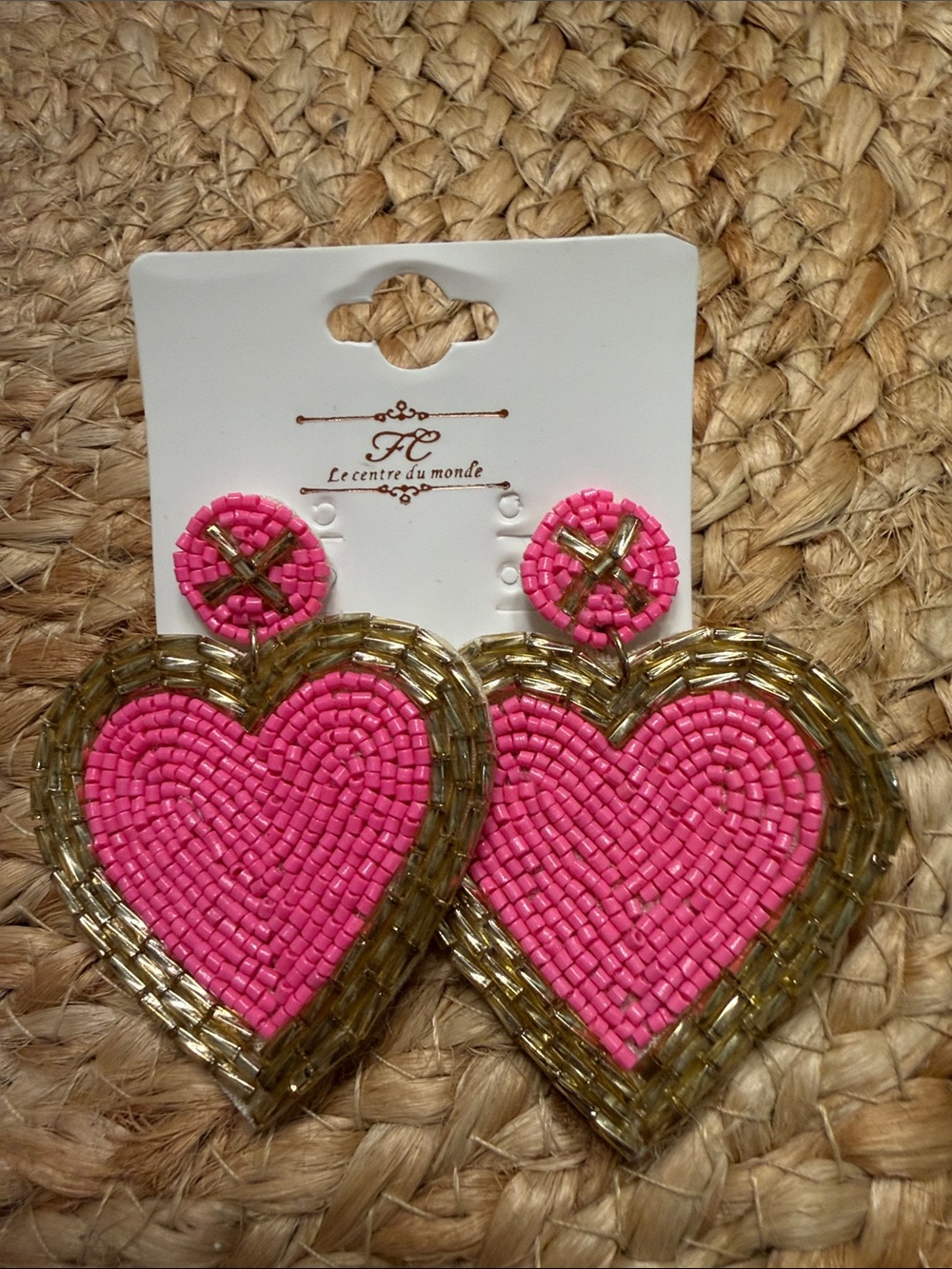 Hot Pink Beaded Heart Drop Earrings with Gold Accents